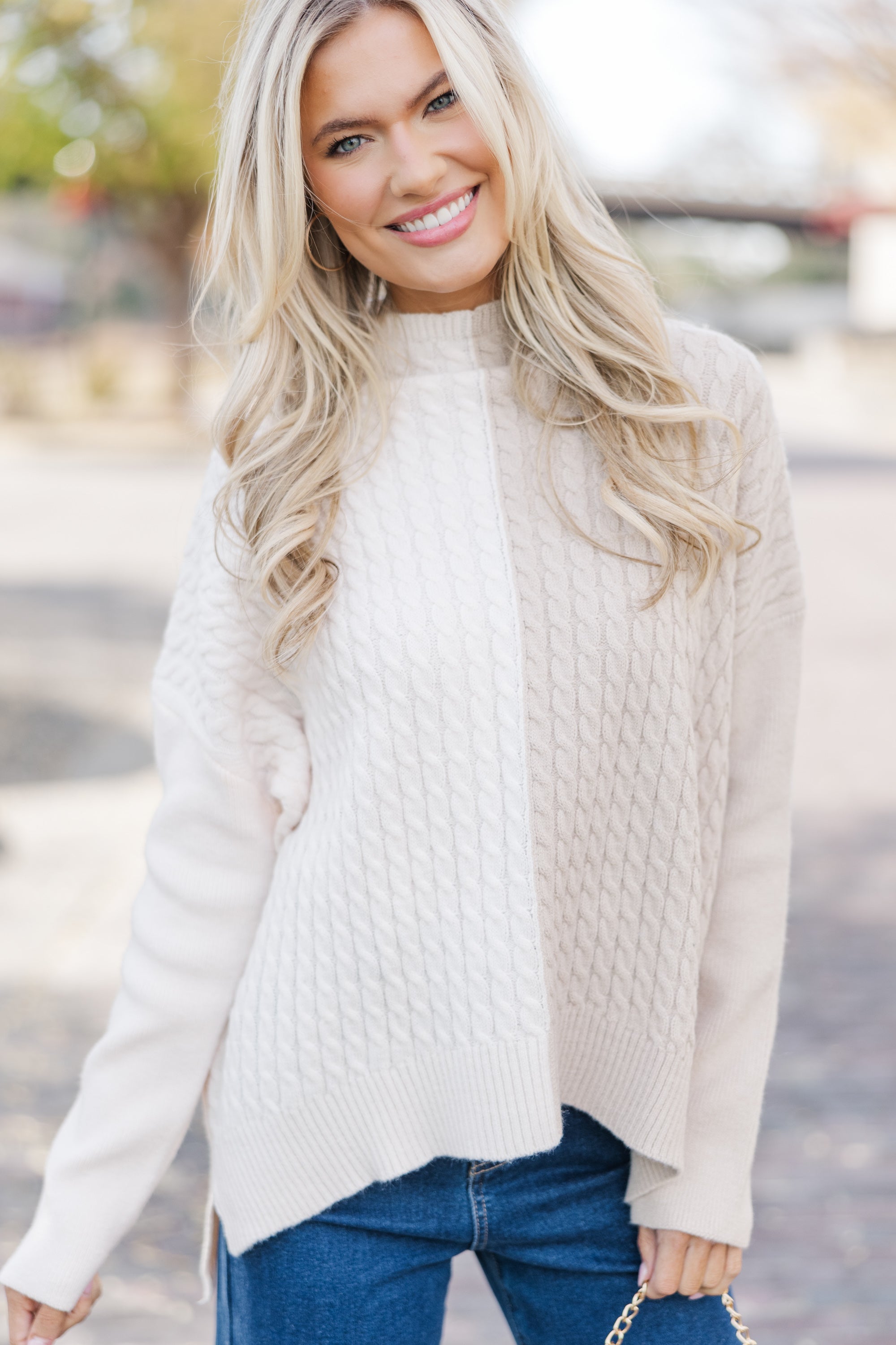 Stylish Oatmeal Brown Colorblock Sweater for Women | Cozy Knit Pullover | Perfect for Fall & Winter Outfits, Casual Wear & Layering