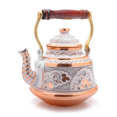 Turkish Stovetop Teapot - Handcrafted Copper Tea Kettle 1.6L to 3.2L with Engraved Design (White) - Perfect for Traditional Tea Brewing, Home Decor & Gift Giving