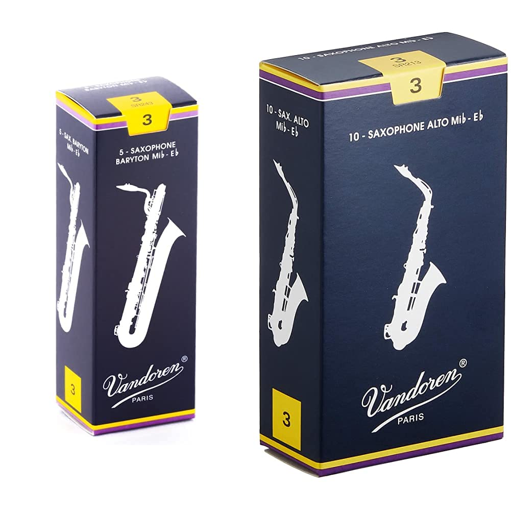 Vandoren SR243 Bari Sax Traditional Reeds Strength 3 (Box of 5) & SR213 Alto Sax Traditional Reeds Strength 3 (Box of 10) - Premium Woodwind Reeds for Jazz, Classical, and Band Performances