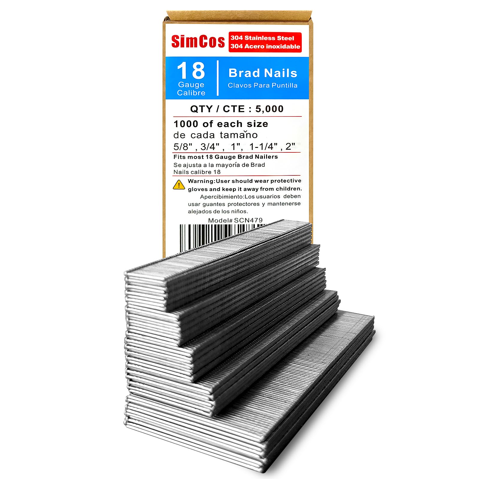 Premium 18 Gauge 304 Stainless Steel Brad Nails - 5000 Pcs for Pneumatic & Electric Nail Guns - Small Finishing Nails for Woodworking, Trim Work, and DIY Home Projects