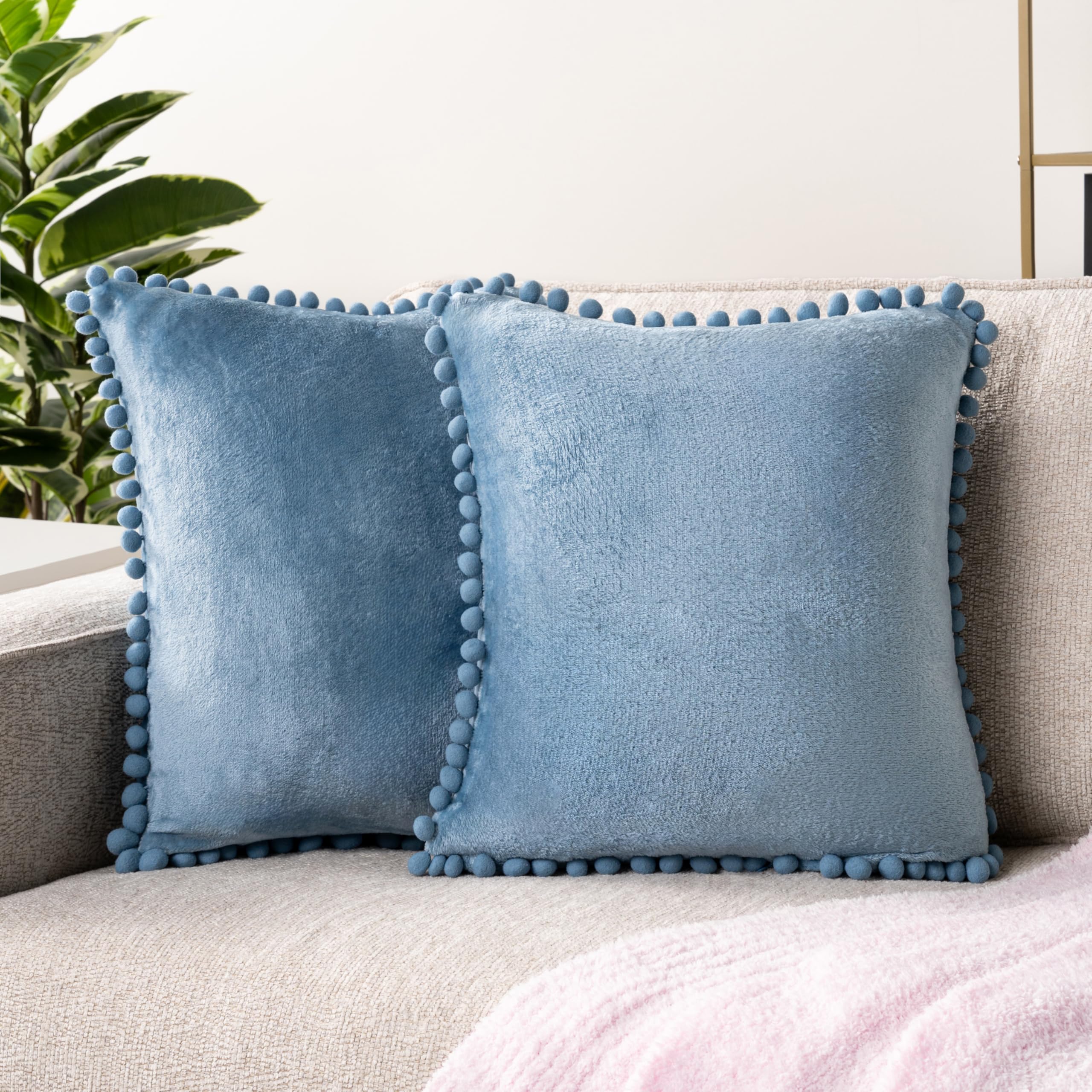 PAVILIA 20x20 Dusty Blue Velvet Throw Pillow Covers Set of 2 - Soft Euro Plush Pom Pom Decorative Cushion Covers for Sofa, Couch & Bed - Perfect for Living Room, Bedroom Aesthetic & Home Decor