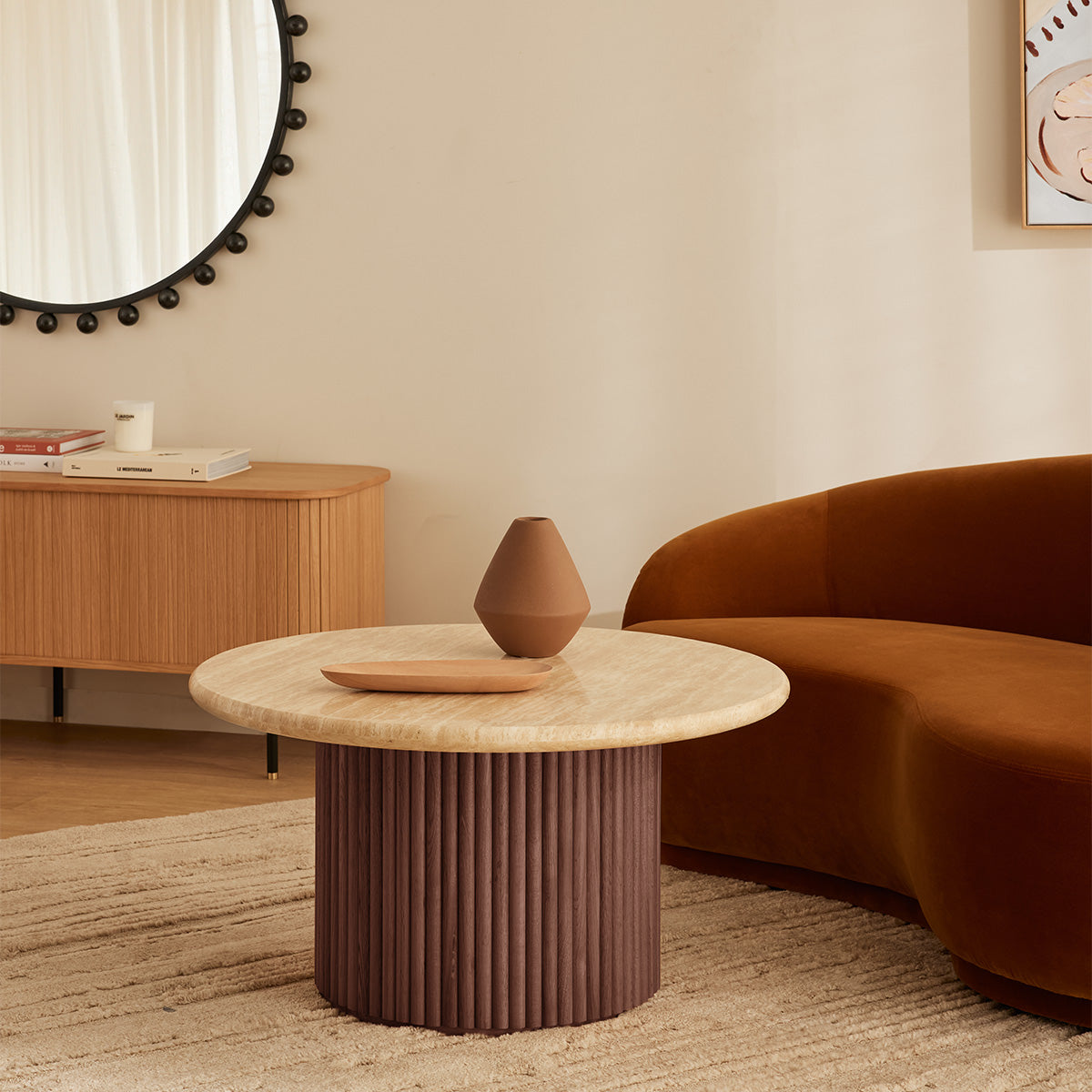 Modern Walnut & Travertine Coffee Table - 85cm Round Mid-Century Style Living Room Centerpiece for Home Decor