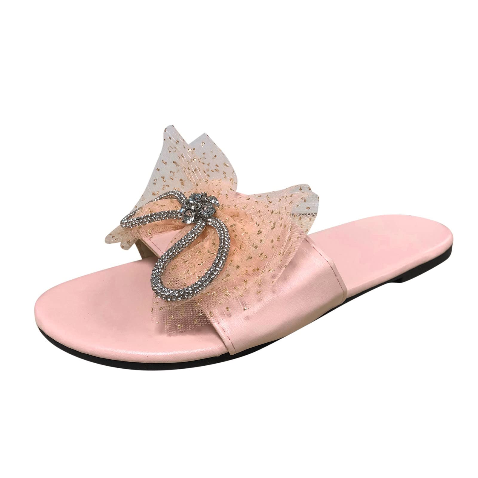 Sparkling Rhinestone Bow Women's Summer Slippers - Elegant Sequin Flat Sandals for Beach, Pool, and Home Comfort | Fashion House Slippers for Women