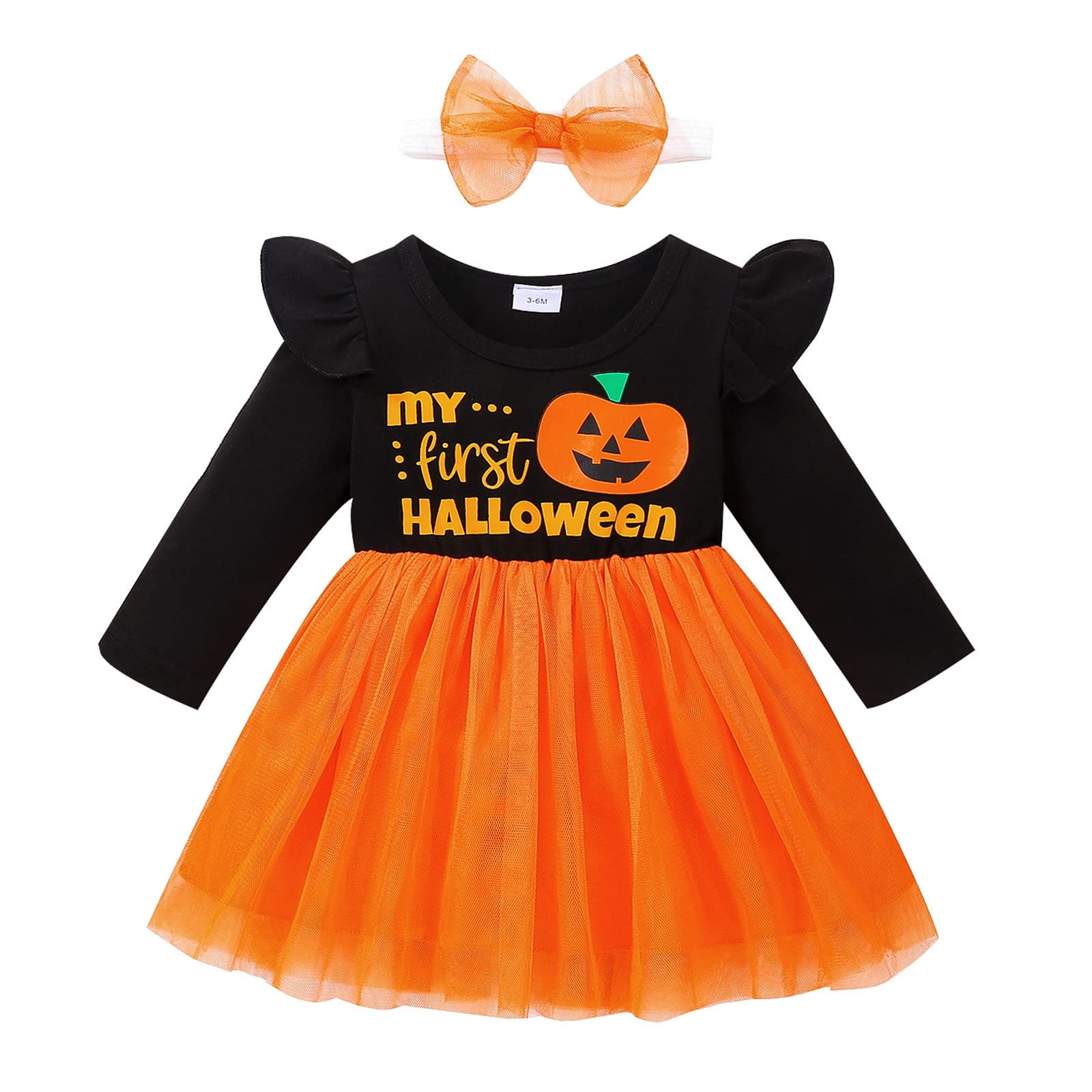 Toddler Girls Halloween Princess Dress - Long Sleeve Tulle Costume with Cartoon Letter Print | Perfect for Trick-or-Treating, Halloween Parties & Photo Shoots