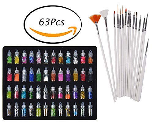 FOK 48 Bottles 3D Nail Art Set with 15Pcs Nail Art Brushes - 63Pcs Professional Nail Decoration Kit for DIY Manicure, Salon & Home Use