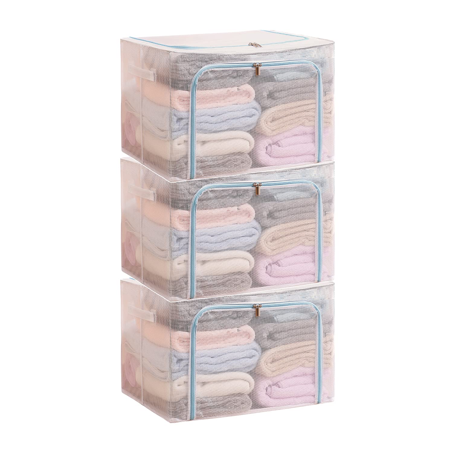 Extra Large Waterproof Storage Bags - 110L x 3Pcs, Steel Frame Folding Wardrobe with PVC/Nylon Fabric, Transparent Quilt & Clothes Organizer for Home, Travel, Camping & Seasonal Storage (Sky Blue)