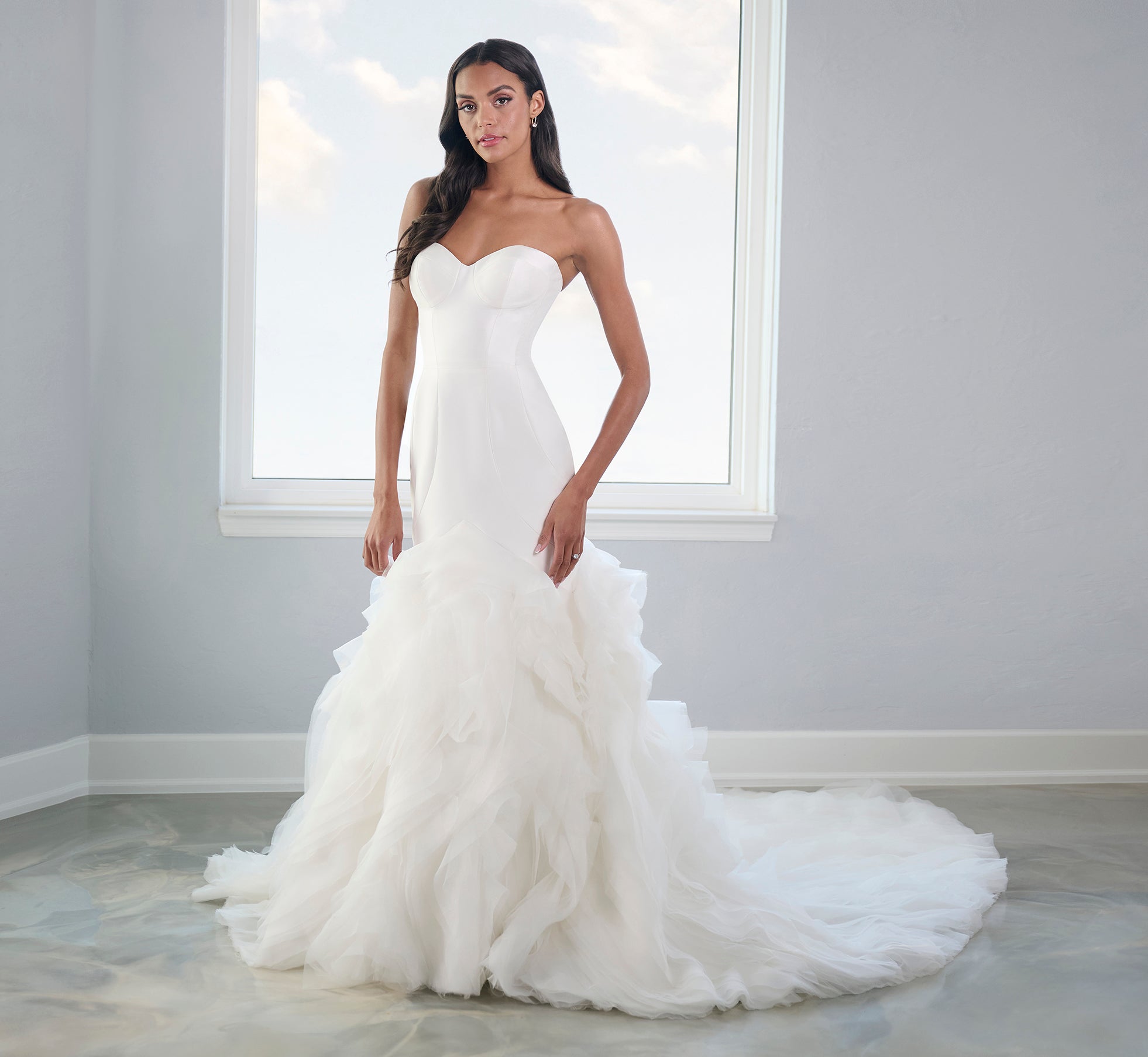 Ivory Tulle and Organza Ruffled Gown with Paneled Mikado Bodice - Elegant Wedding Dress for Brides, Prom, and Formal Events