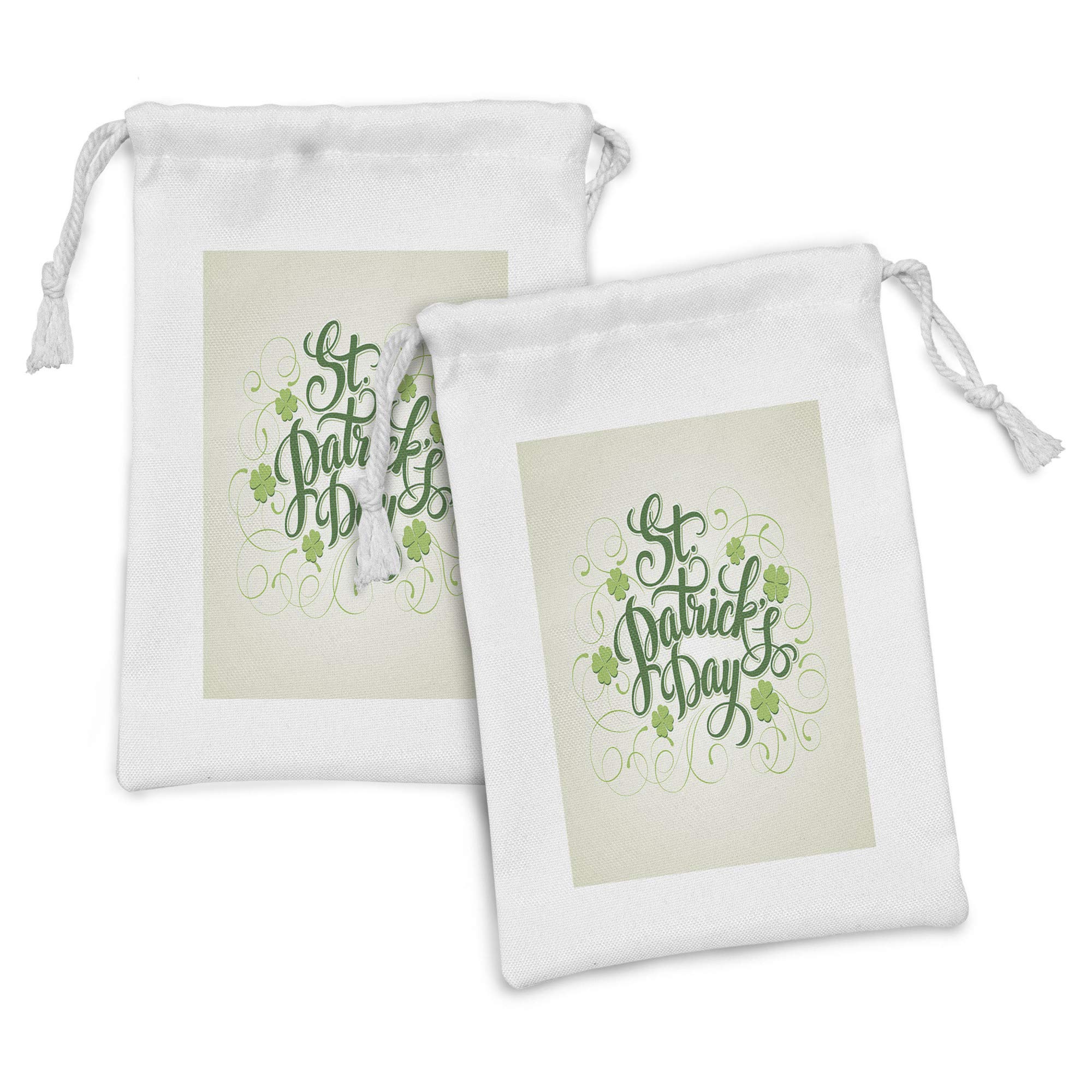 Ambesonne 2-Pack Clover Fabric Pouch Set - St. Patrick's Day Themed Drawstring Bags with Shamrock & Swirl Calligraphy Design (9