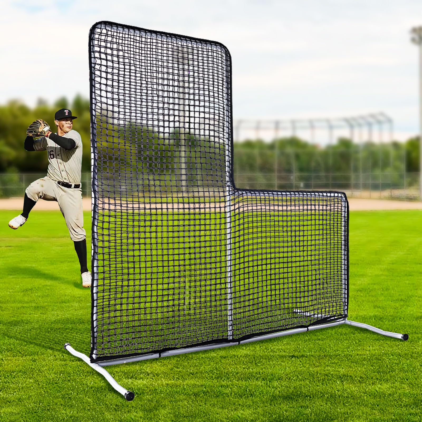 7x7 FT Portable Baseball Softball Pitching L Screen Protector Net - Durable Batting Cage Training Aid for Indoor & Outdoor Practice - Perfect for Backyard, Field, and Team Drills