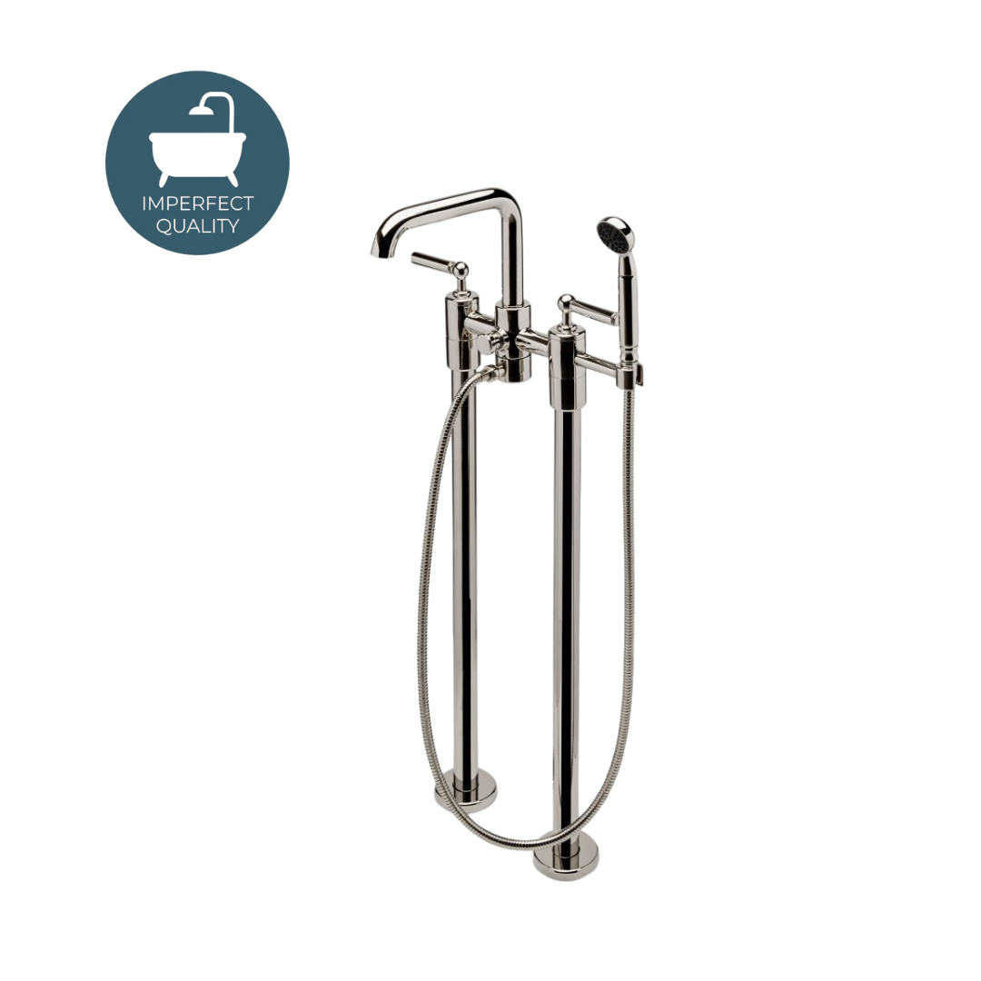 Ludlow Exposed Floor Mount Tub Filler with Hand Shower & Lever Handles - Nickel Finish for Modern Bathroom & Spa Experience