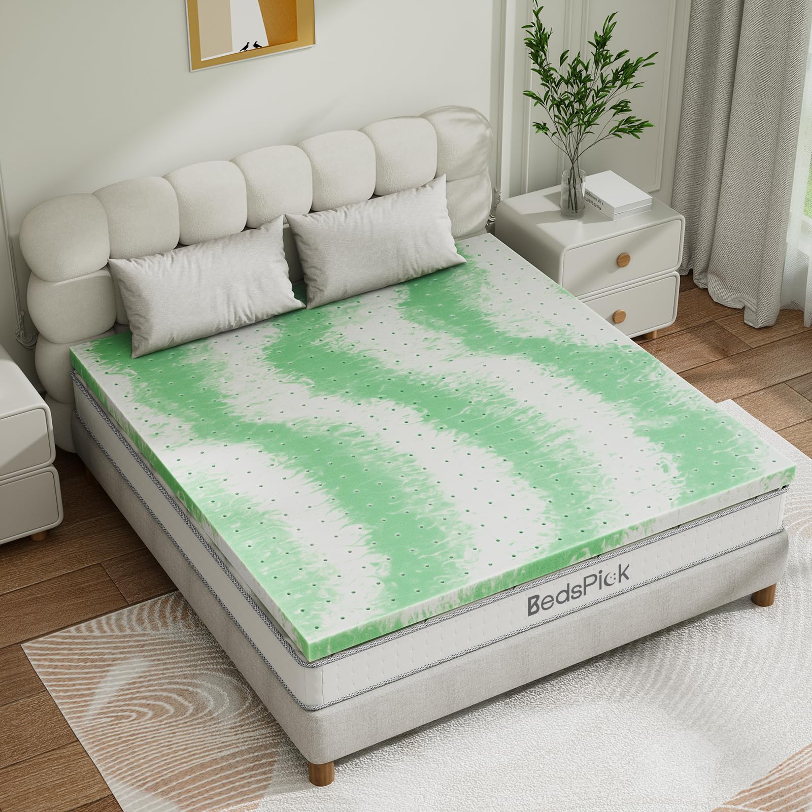 BedsPick 2 Inch Green Tea Memory Foam Mattress Topper Twin Size - Gel Infused Cooling Bed Topper for Twin Beds, Sleeper Sofas, RVs & Campers - CertiPUR-US Certified for Comfort & Support - Perfect for Hot Sleepers & Pressure Relief