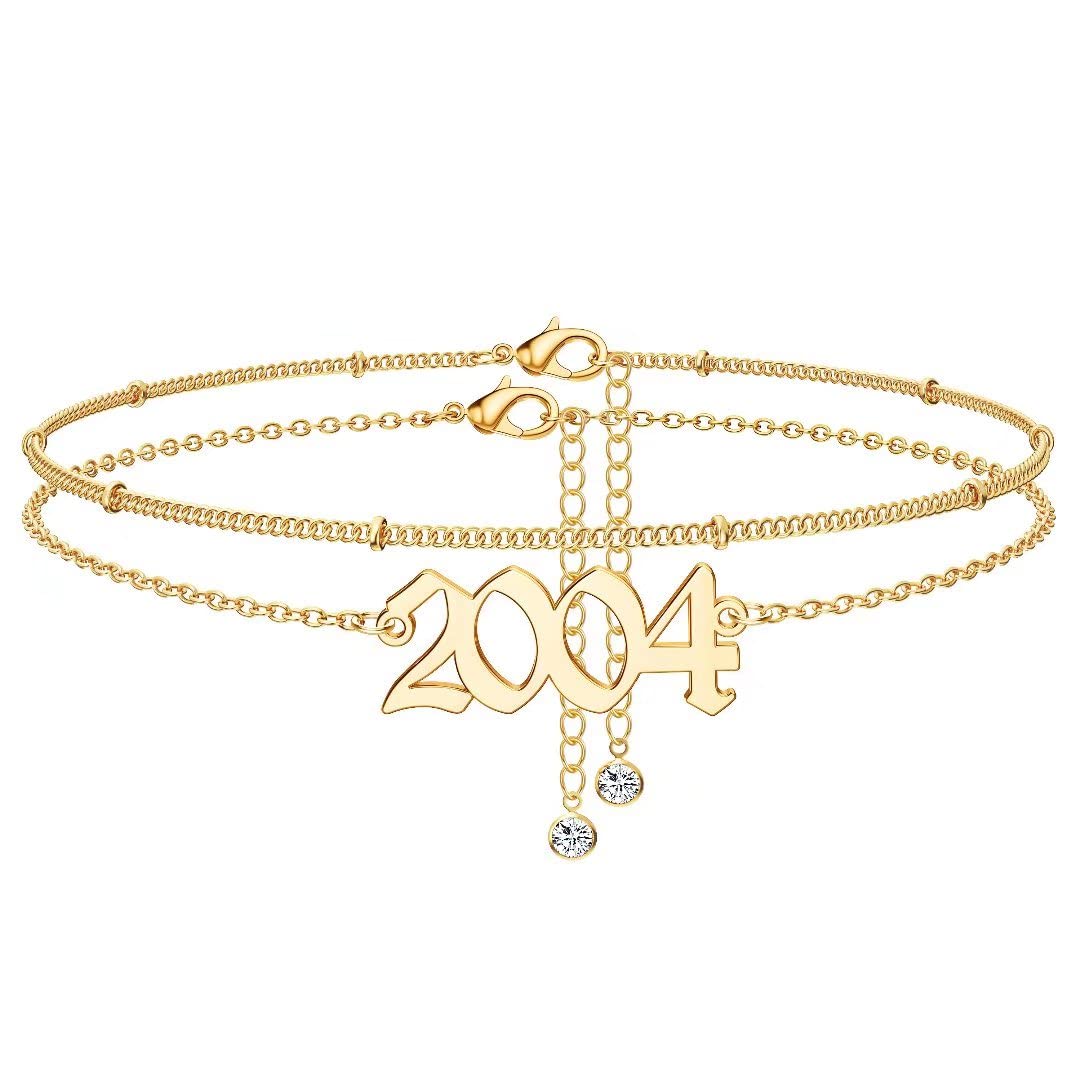 14K Gold Plated Birth Year Anklet - Women's Dainty Ankle Bracelet for Beach & Birthday Gifts