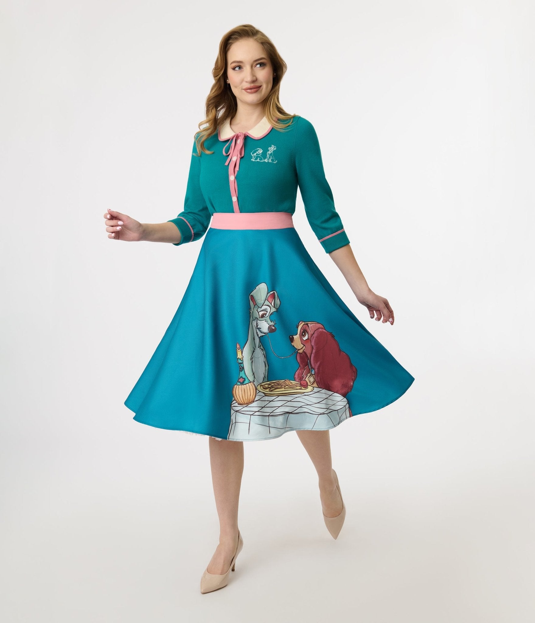 Disney The Lady & The Tramp Bella Notte Swing Skirt - Vintage Inspired Teal A-Line Skirt for Women | Perfect for Cosplay, Disneybounding & Retro Fashion Outfits