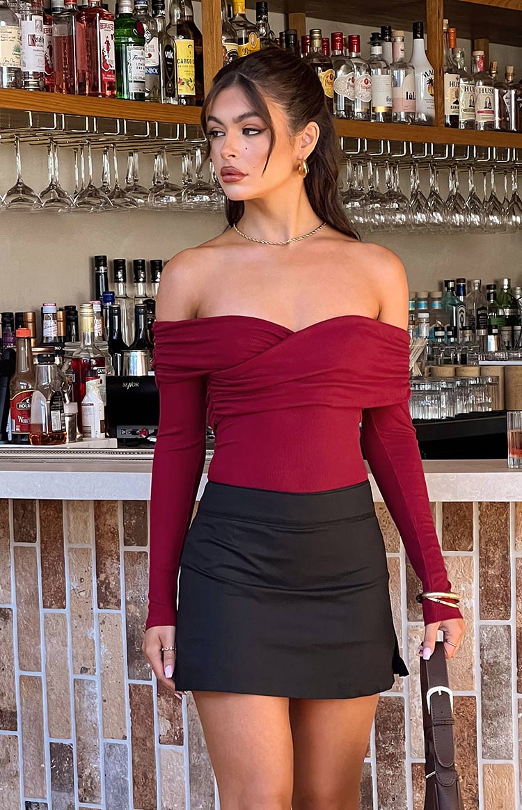 Ari Red Off Shoulder Bodysuit - Sexy Women's Stretchy Long Sleeve Tops for Date Night & Party Outfits