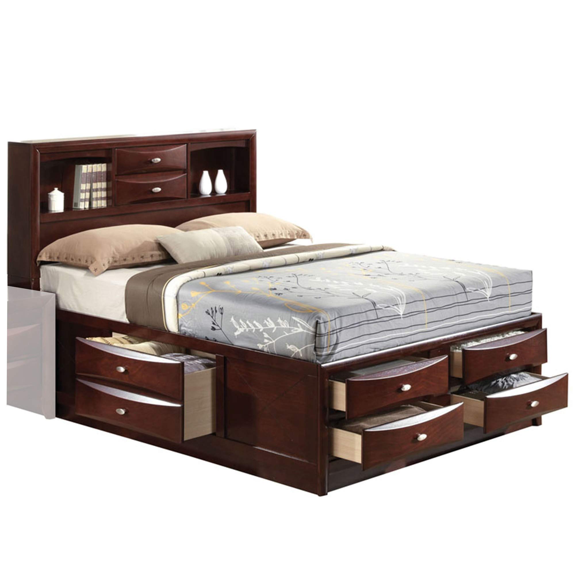 Benjara Panel Design Queen Size Bed with Bookcase and Storage Drawers in Rich Brown - Perfect for Small Bedrooms and Modern Home Decor