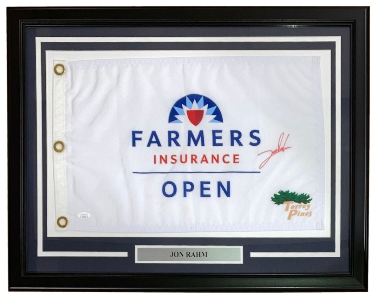 Jon Rahm Autographed Framed Farmers Insurance Open Golf Flag with JSA COA - Perfect for Golf Memorabilia Collectors and Sports Fans Display