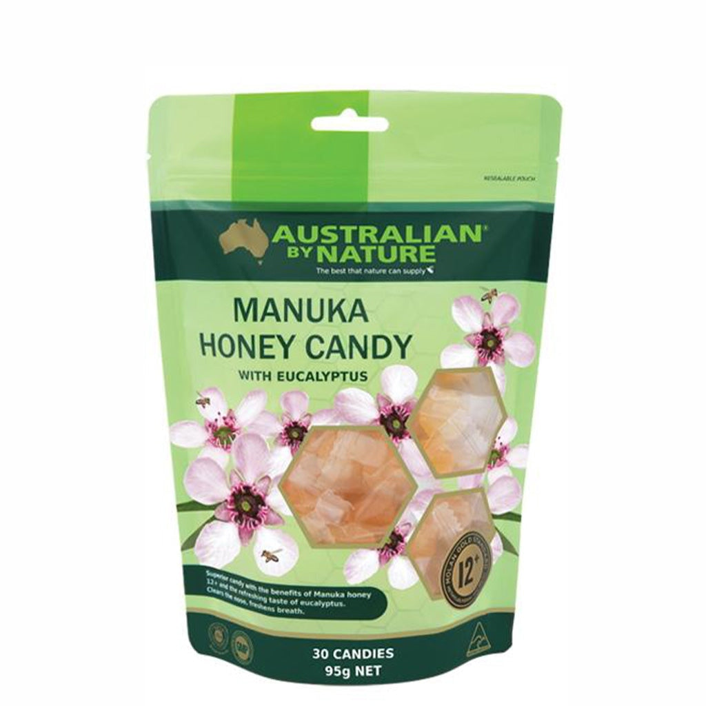 Australian By Nature Manuka Honey Candy With Eucalyptus - Natural Throat Soothing Drops for Cough Relief & Immunity Boost - Perfect for Travel, Office & Home Use