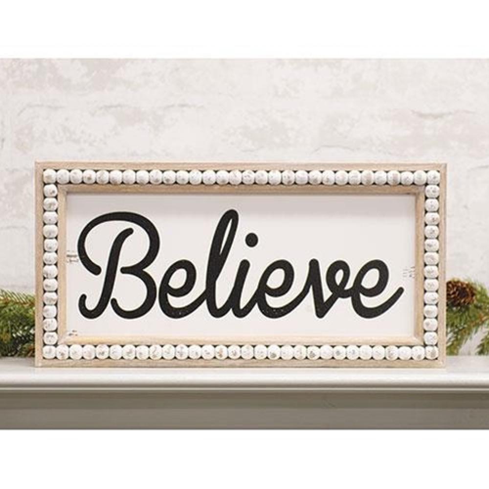 Distressed Beaded Believe Sign - Rustic Farmhouse Wall Decor for Home, Office & Wedding Décor
