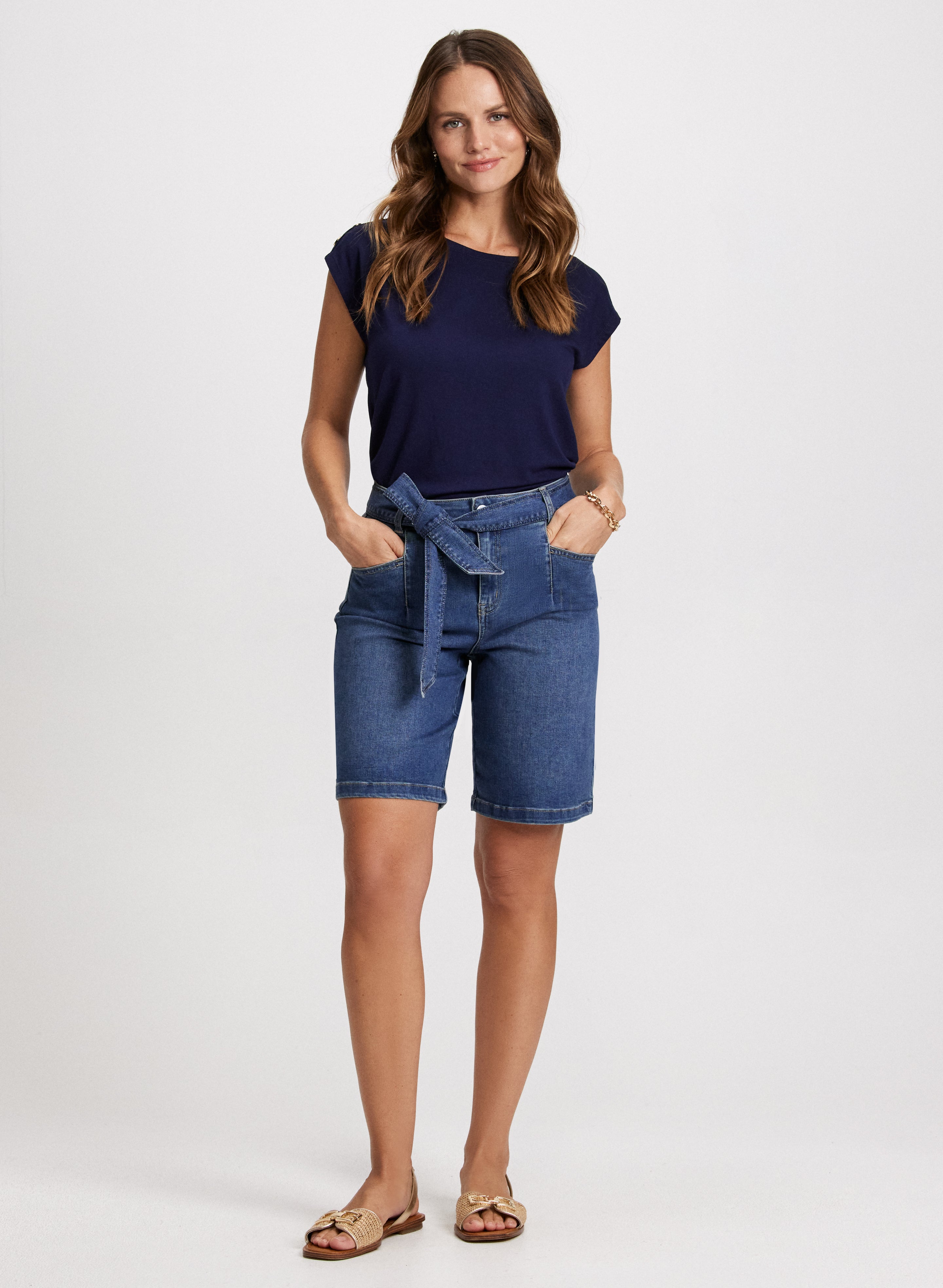 Embellished T-Shirt & Sash Denim Shorts Set - Women's Fashion Outfit for Summer, Casual Wear, Beach Party, and Street Style