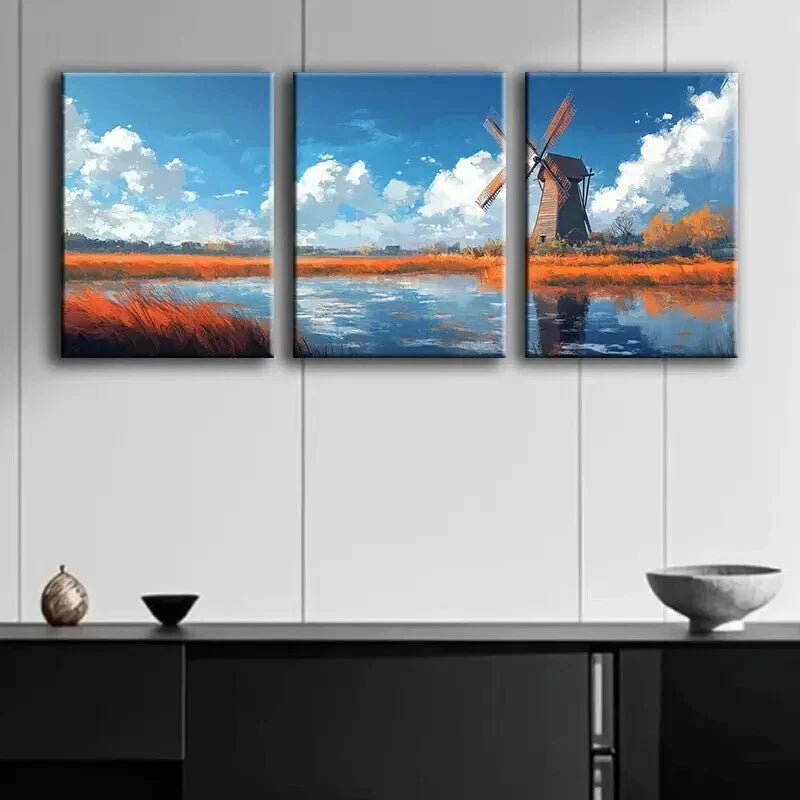 3-Piece Windmill on the Water Wall Art Set - Framed Canvas Prints 60x90cm - High Quality Australian Made Ready-to-Hang Decor for Living Room, Bedroom & Office