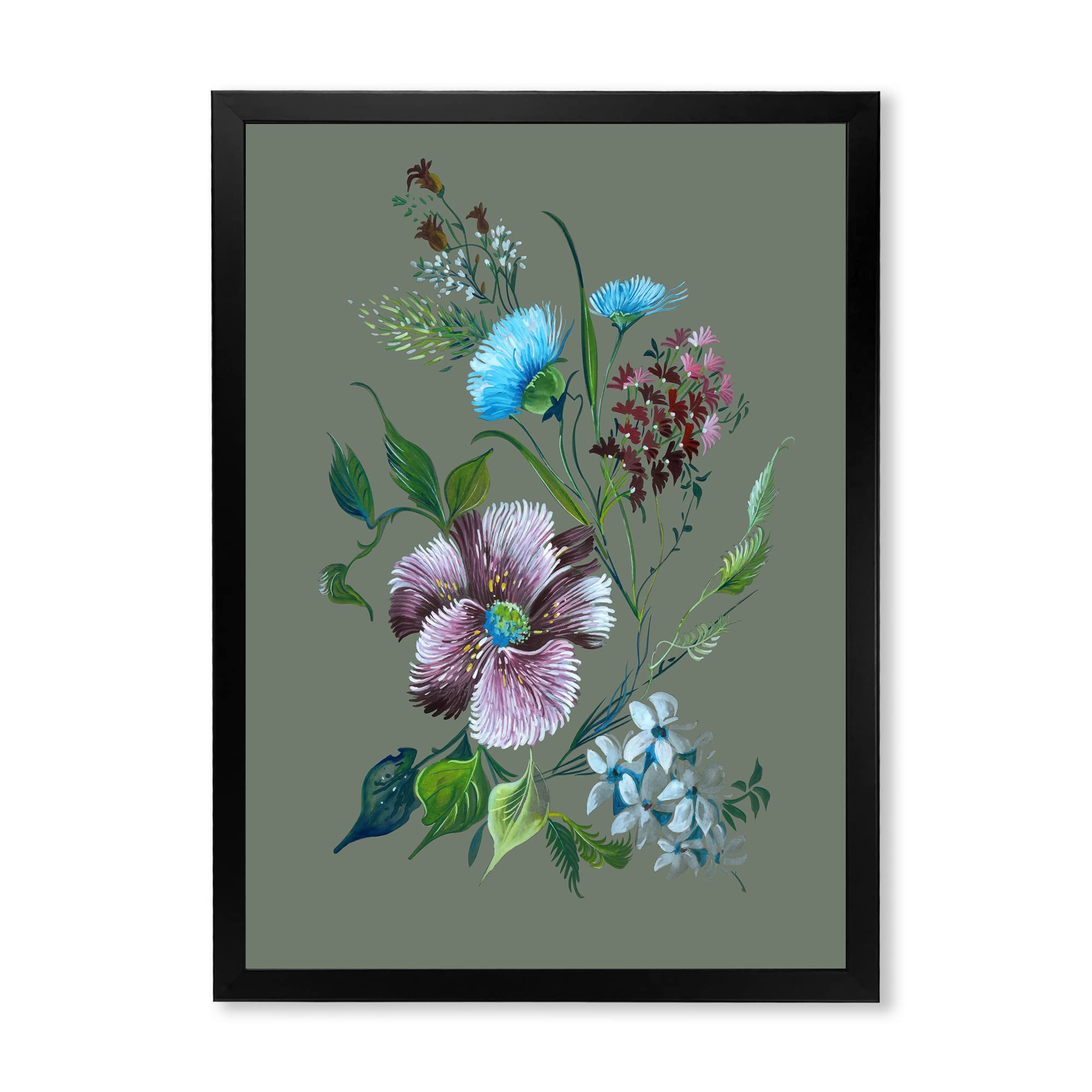 DesignQ Purple and Turquoise Spring Flowers Traditional Framed Wall Art - Floral Home Decor for Living Room, Bedroom & Office