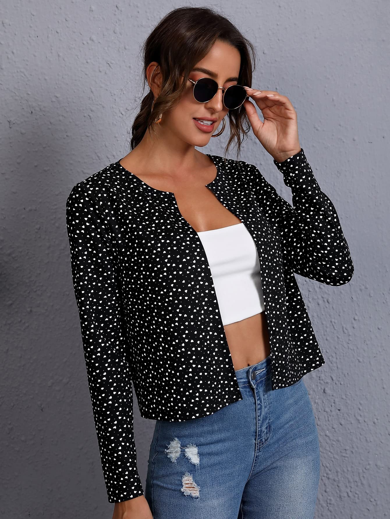WMHHN Women's Fashion Confetti Heart Print Open Front Jacket Coat - Lightweight Cardigan for Spring & Fall (Size Large) | Perfect for Casual Outings, Date Nights & Office Wear