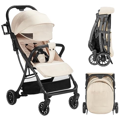 Hugglo™ Ultra Compact Lightweight Travel Stroller for Babies & Toddlers - Easy Fold Adjustable Backrest with 5-Point Safety Harness | Perfect for Air Travel, Shopping & Daily Outings (Khaki)