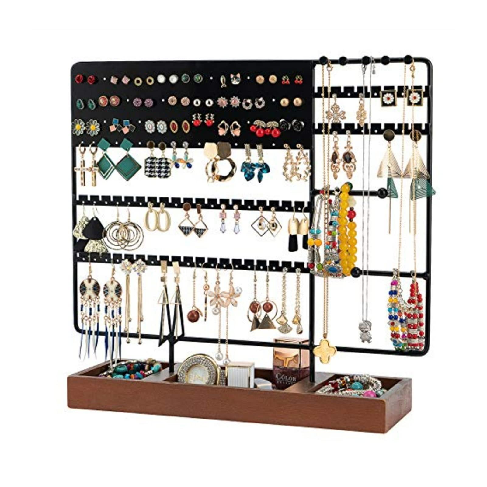 130-Hole Wooden Jewelry Display Stand with Tray - Earrings, Bracelet & Necklace Organizer for Retail Store, Boutique & Home Decor (Black)