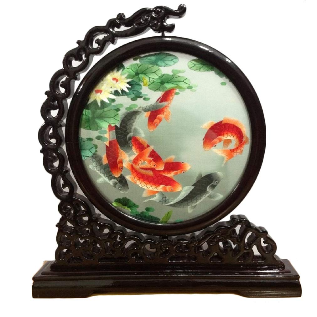 WEALTHCOMING Handmade Double-Sided Silk Embroidery Art - 12.5 Inch Chinese Silk Painting with Lily Flower & Koi Fish Design - Elegant Home & Office Desk Decor - Perfect Gift for Housewarming, Wedding & Anniversary