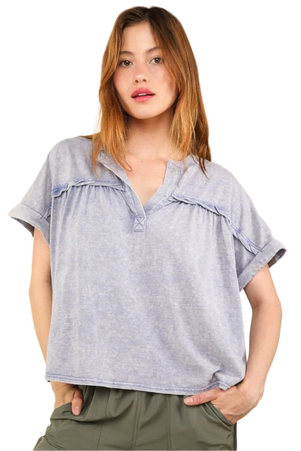 Stylish Casual Notched Short Sleeve Washed T-Shirt for Women - Perfect for Everyday Wear, Weekend Outings & Summer Fashion