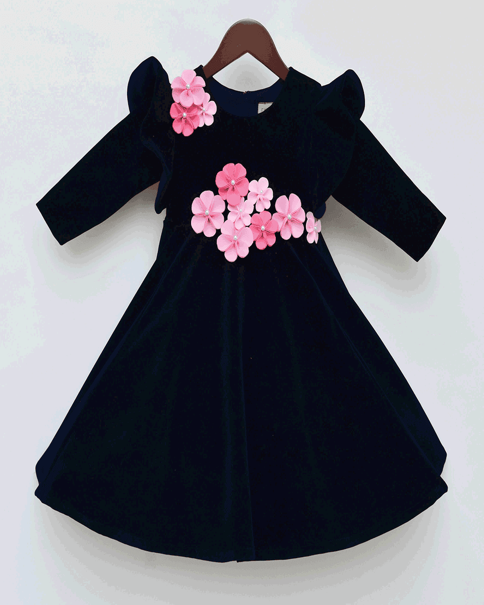 Pre Order: Elegant Dark Blue Velvet Dress with 3D Floral Embroidery - Perfect for Evening Parties, Weddings & Special Occasions