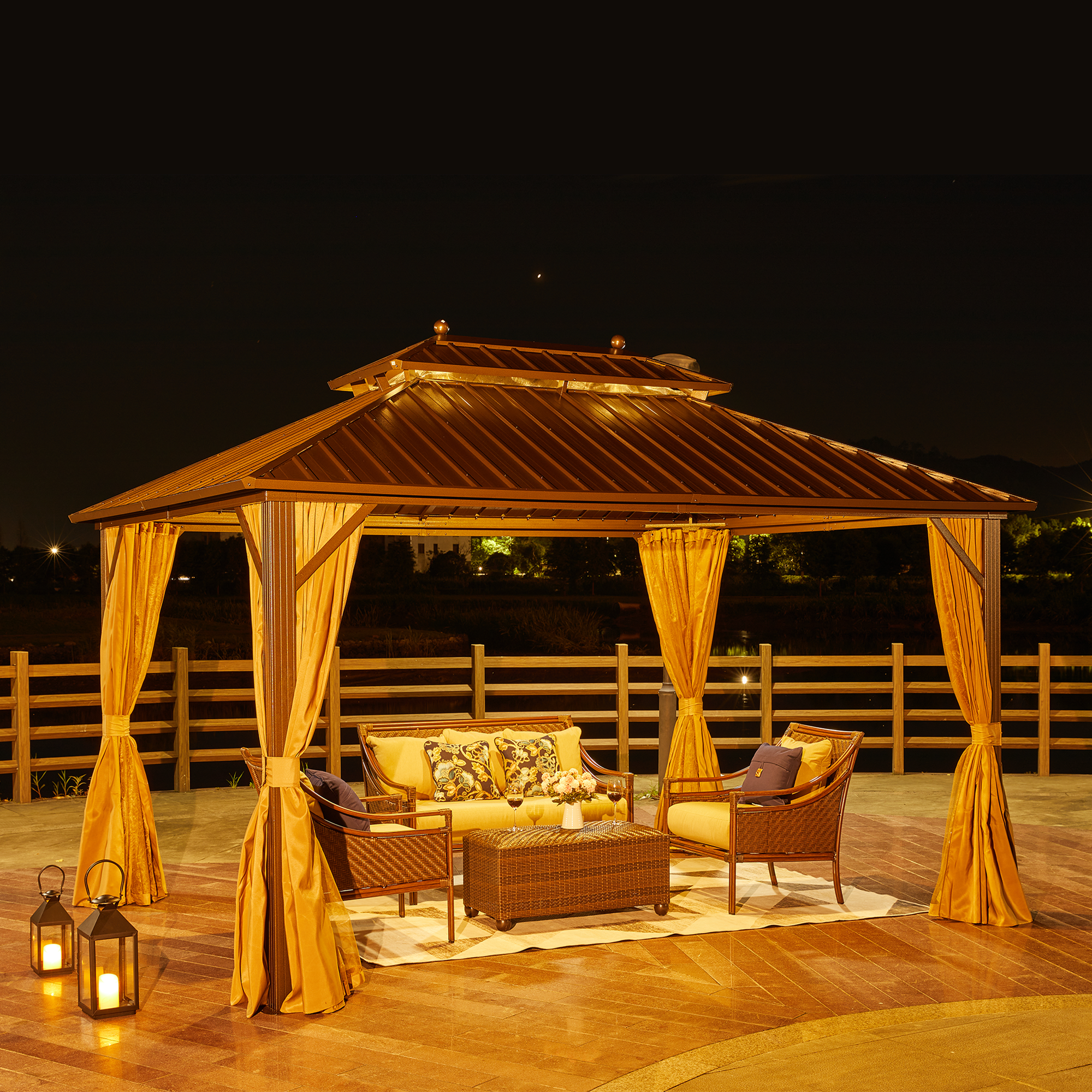 10' x 13' Hardtop Gazebo Canopy - Outdoor Aluminum Gazebo with Galvanized Steel Double Roof - Includes Curtains & Netting - Brown - Perfect for Patio, Garden, Backyard, and Outdoor Events