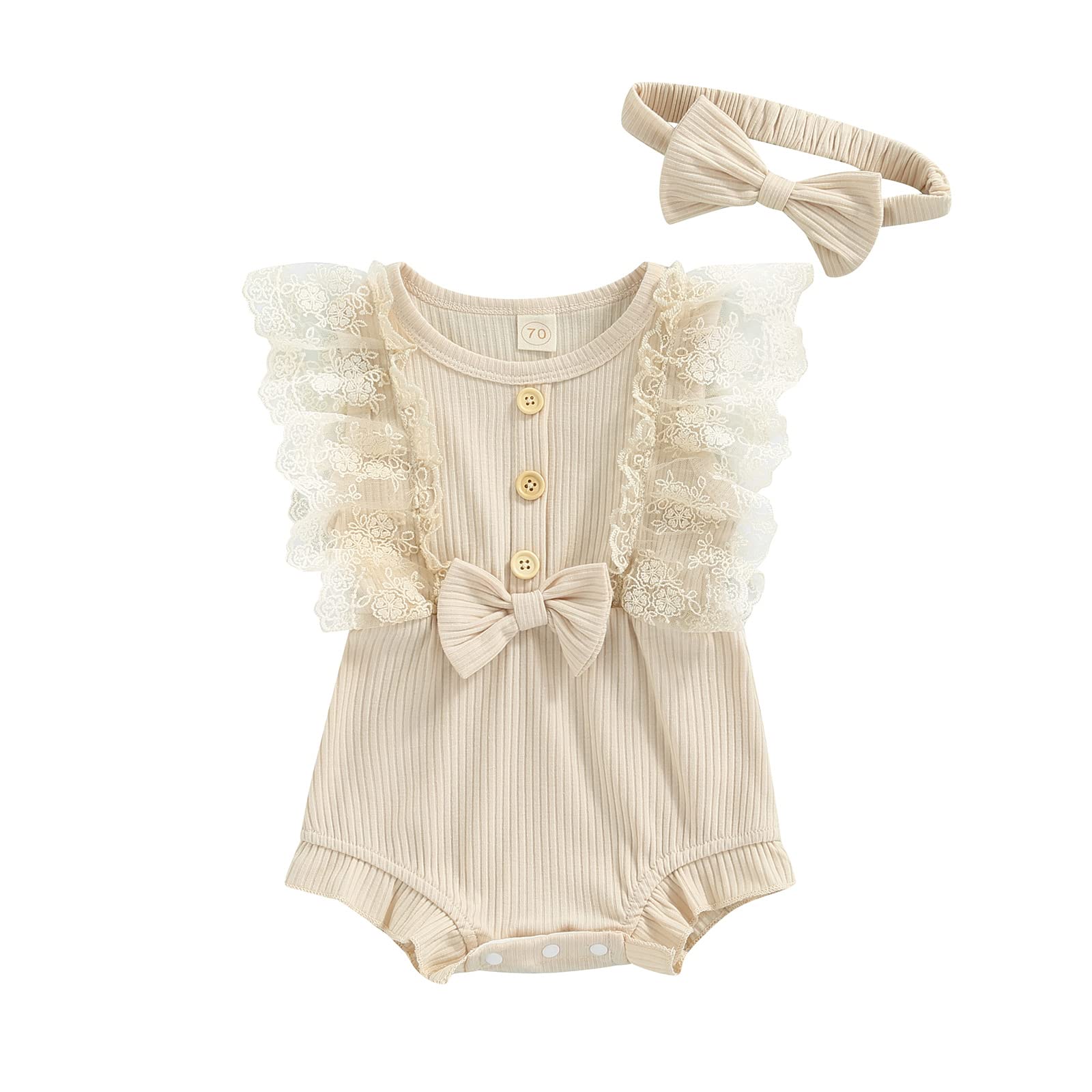 Baby Girls Sleeveless Ribbed Romper with Lace Ruffles & Bow Headband - Soft Cotton Bodysuit Jumpsuit for Newborn Infant Outfits, Photo Shoots & Special Occasions