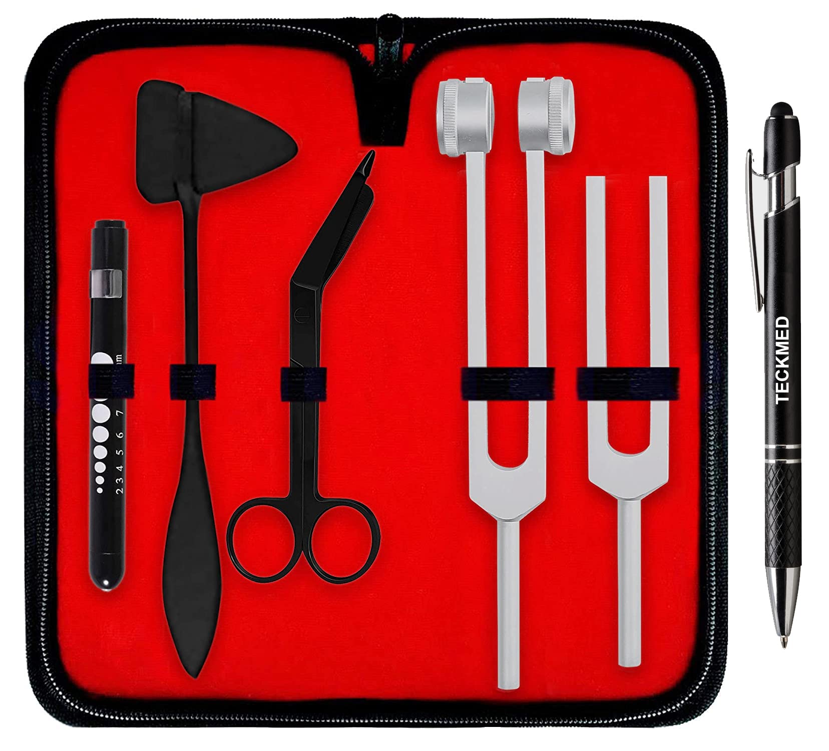 **Taylor Reflex Hammer & Tuning Forks Set - 6-Piece Medical Student Diagnostic Kit with C128 & C512 Forks, Bandage Scissors, Pen Light & Carrying Case - Black & Silver - Includes TeckMed Stylus Pen - Perfect for Neurology Exams, Clinical Training & EMT Practice**