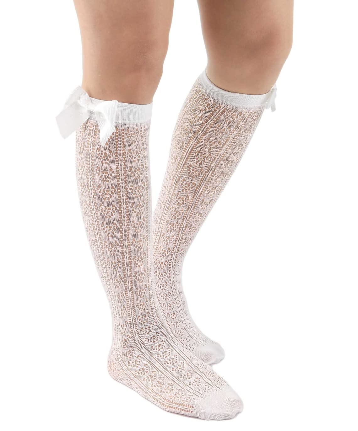 Girls Knee High Socks - White Patterned Formal Stockings for School, Church & Special Occasions