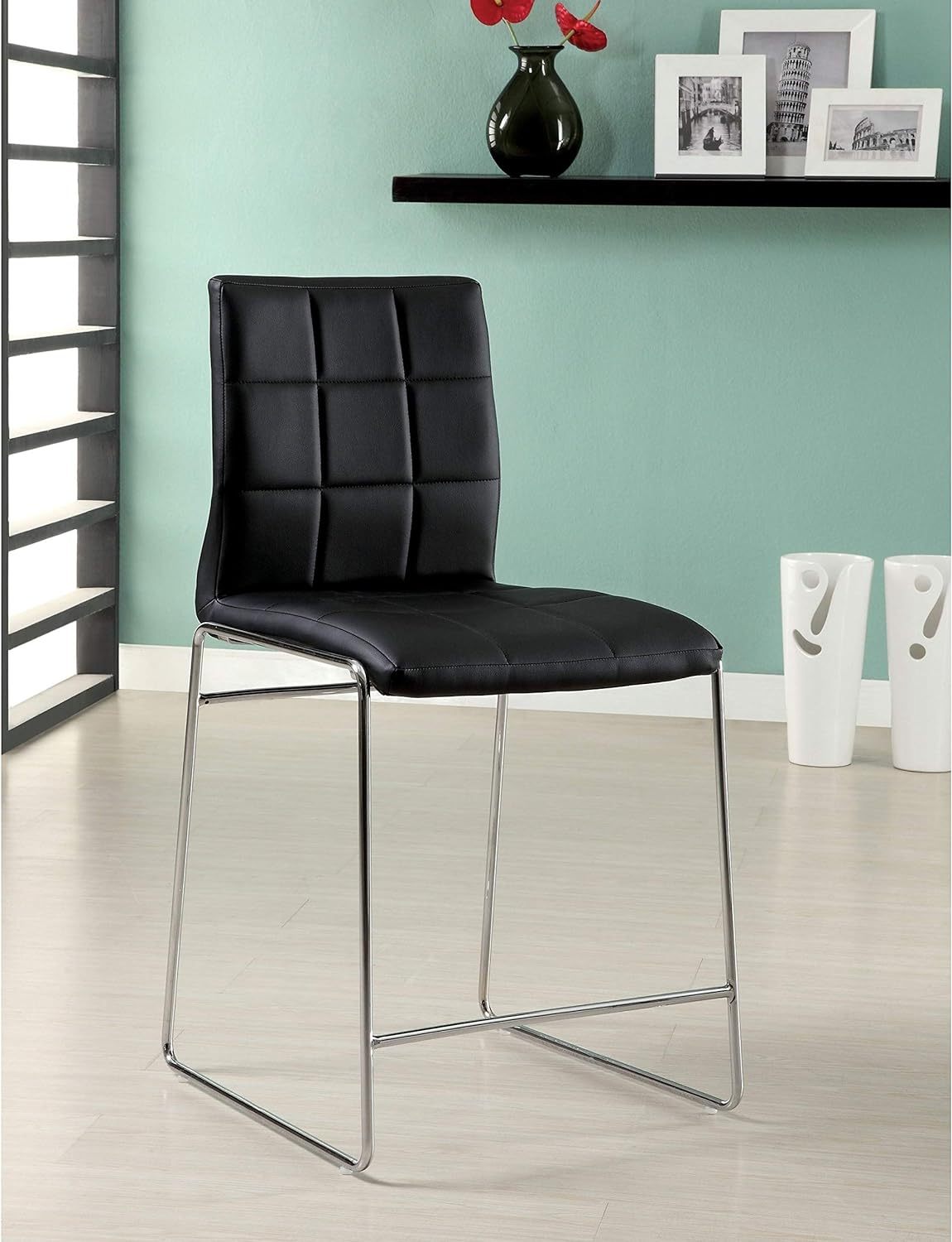 Black Leatherette Counter Height Dining Chairs Set of 2 with Chrome Metal Legs - Modern Kitchen Bar Stools for Breakfast Nook, Small Space Dining & Home Office