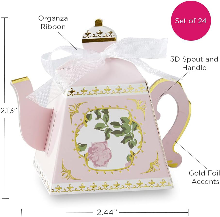 Whimsical Pink Tea Party Favor Boxes - Set of 24 Mini Teapot Gift Boxes for Bridal Showers, Baby Showers & Birthday Parties