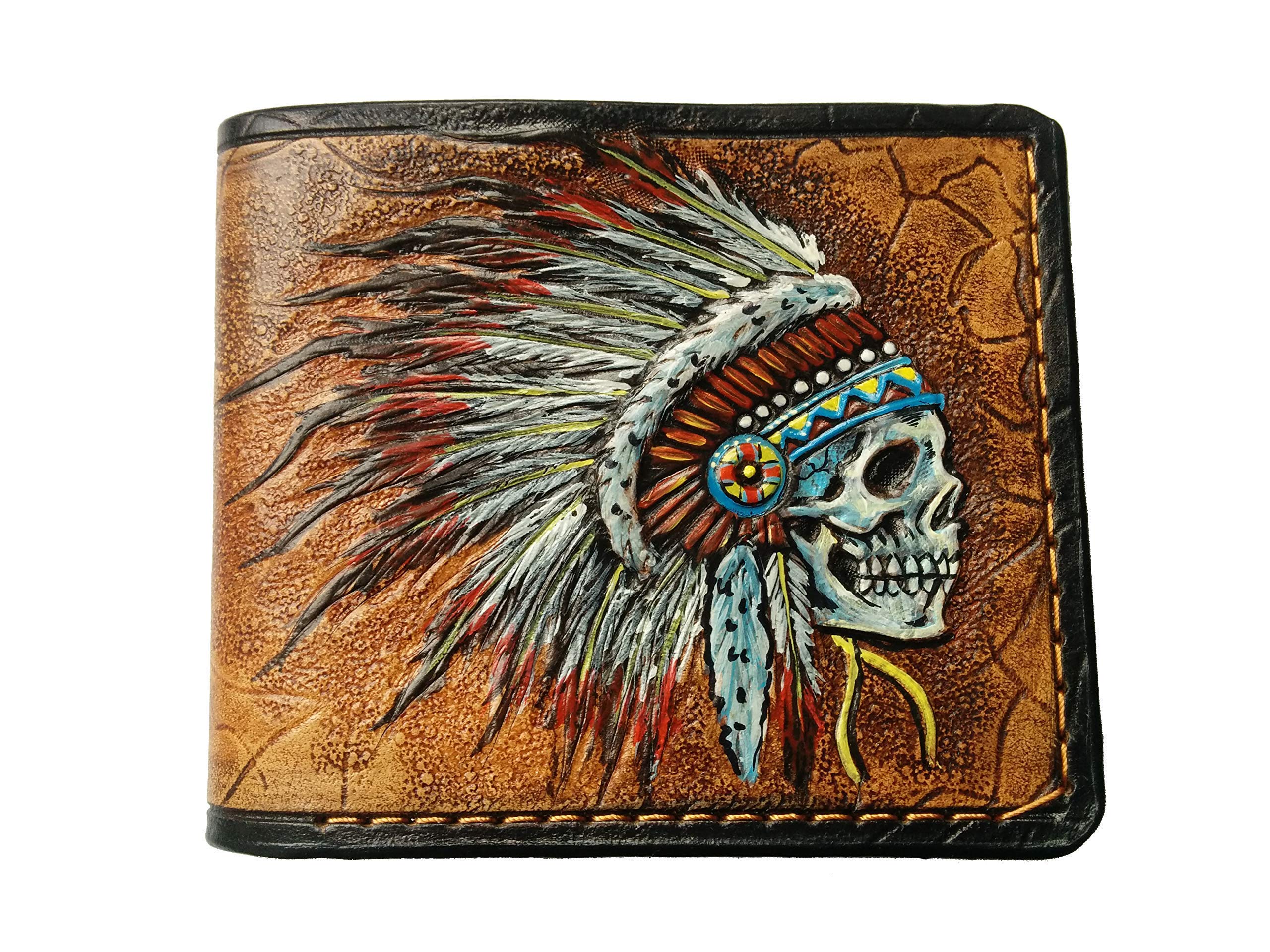 Authentic 3D Genuine Leather Bifold Wallet - Handcrafted Indian Chief Skull & Native American Apache Headdress Design - Patriotic Men's Carved & Tooled Custom Wallet - Perfect for Everyday Use & Gift Giving