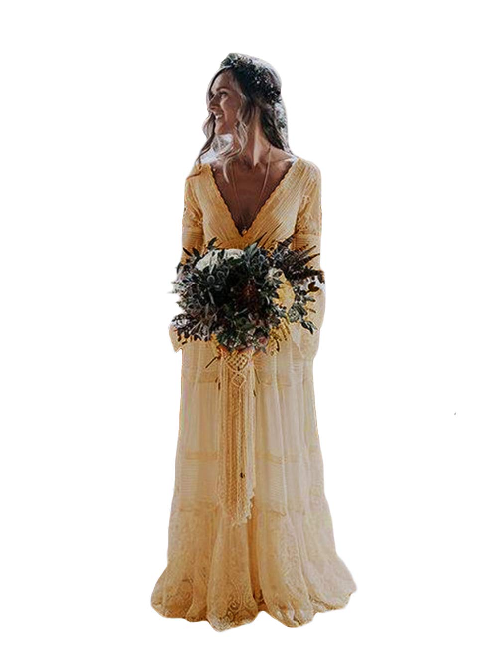 Elegant Tsbridal Women's Deep V Neck Lace Boho Wedding Dress with Long Sleeves | Romantic Beach, Garden & Vintage Wedding Gown for Brides