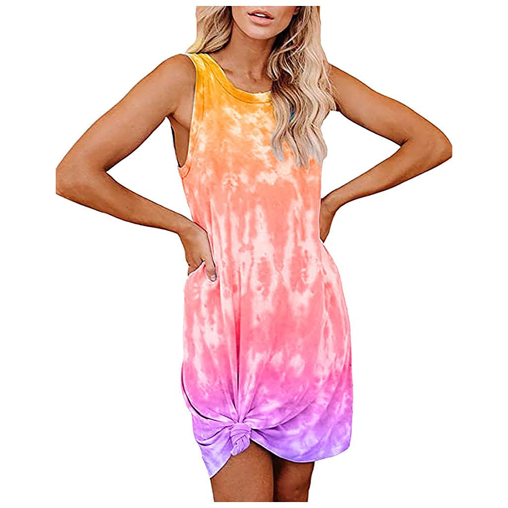 Women's Casual Summer Dress - Beach Round Neck Sleeveless Mini Tank Dress with Loose Tie-Dye Print | Perfect for Vacations, Pool Parties & Summer Outings