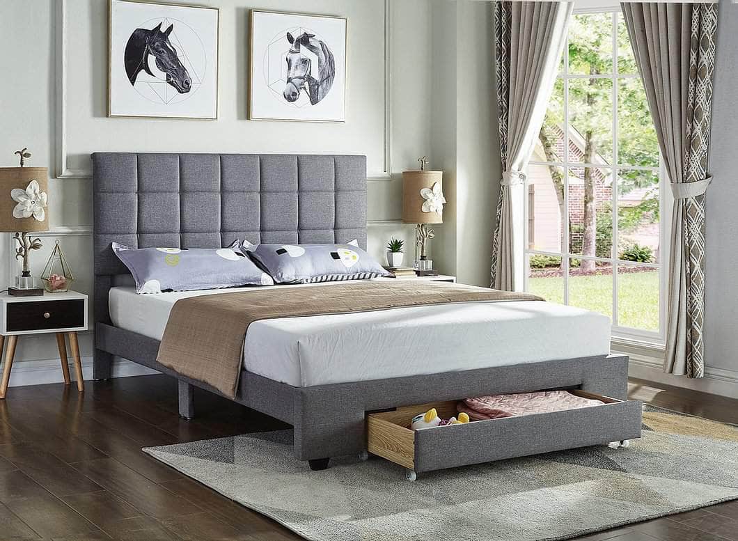 Richmond Square Tufted Grey Fabric Platform Bed with Storage Drawer - Queen & King Size - Modern Bedroom Furniture for Small Spaces & Master Suites