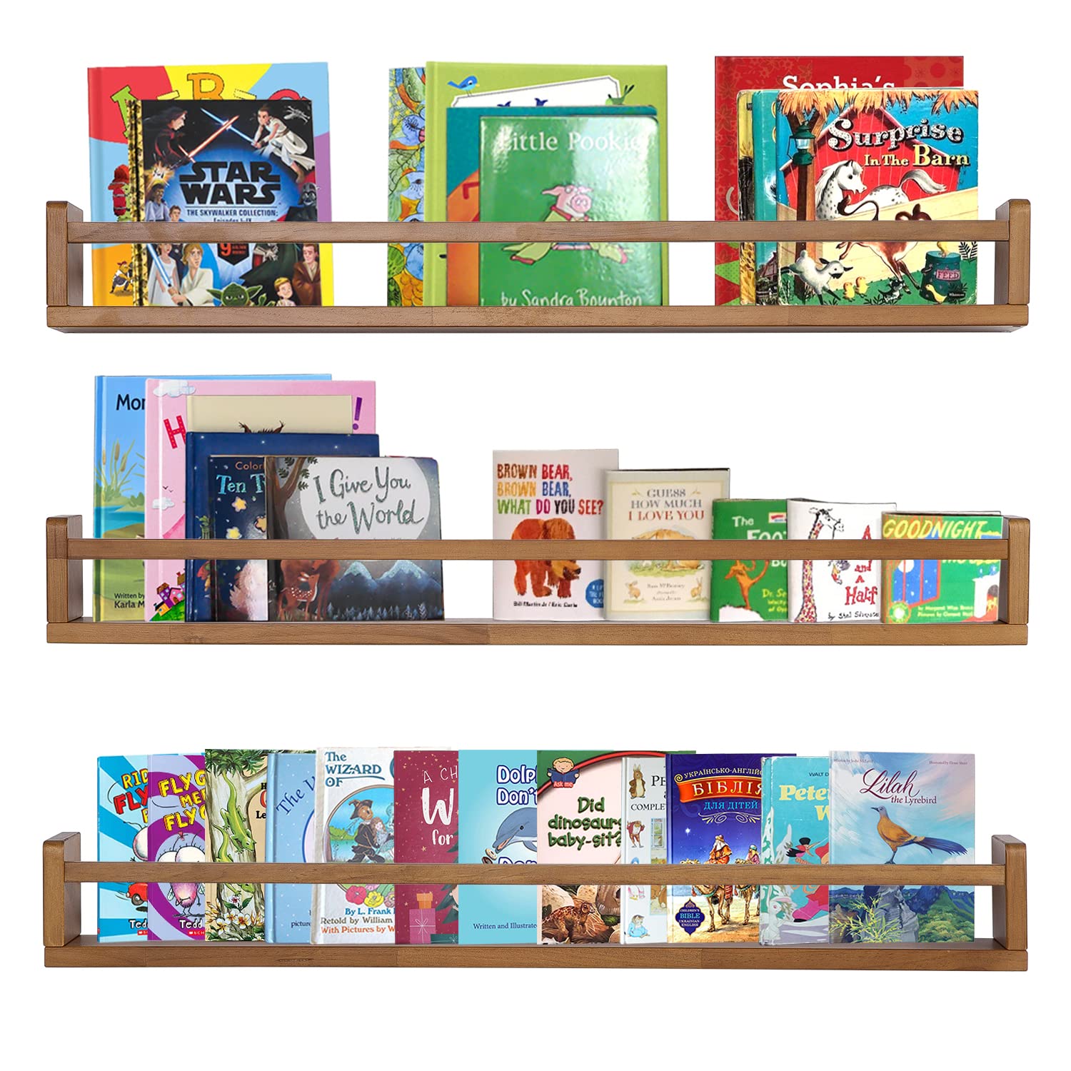 AZSKY 36 Inch Light Walnut Floating Wall Bookshelf - Set of 3 Nursery Shelves for Kids Room, Wall Mounted Book Storage Organizer for Toddler Toys & Books - Perfect for Bedroom, Playroom, and Classroom Organization