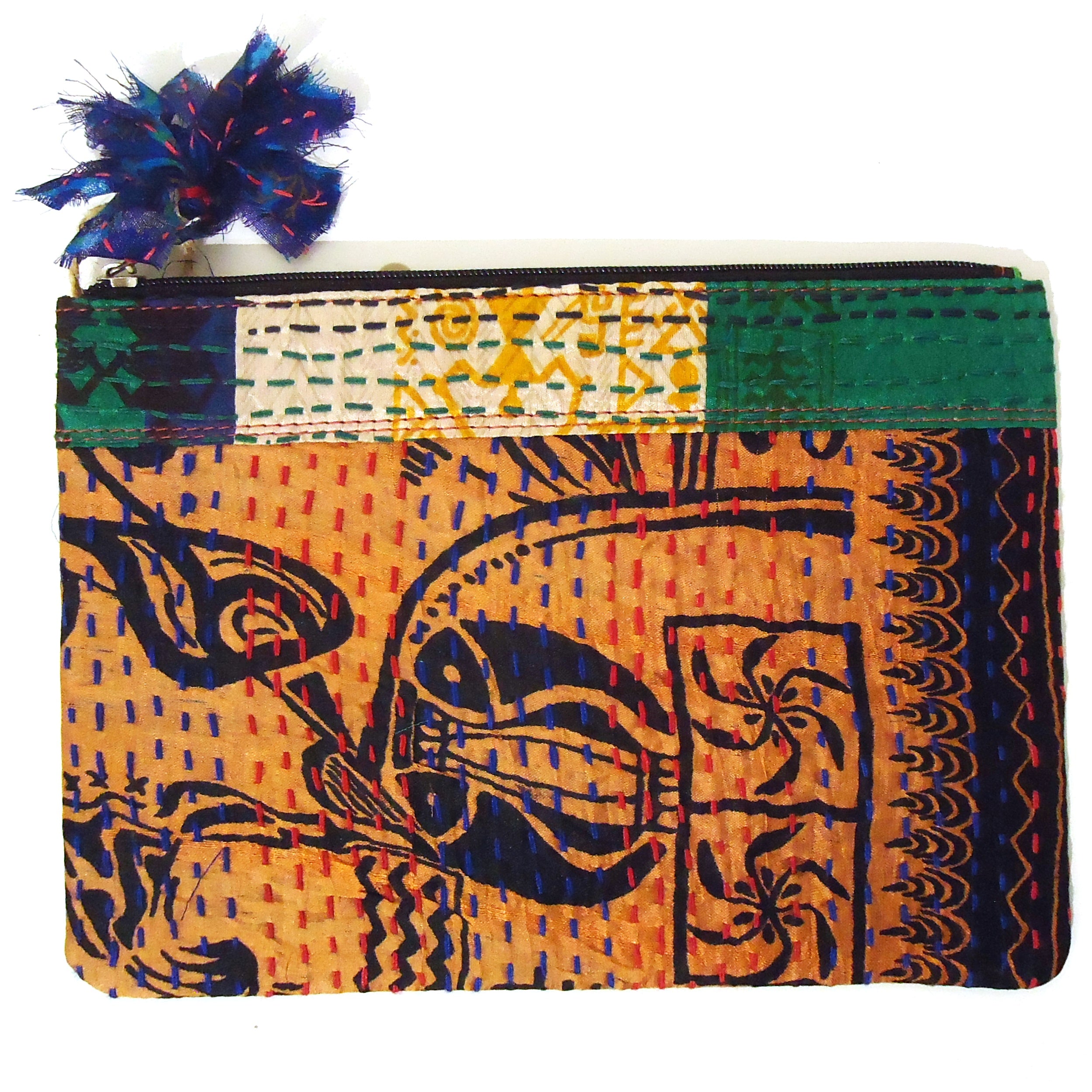 Handmade Kantha Pouch - Blue Ethnic Indian Crossbody Bag for Women | Boho Festival Purse, Travel Essentials & Everyday Use