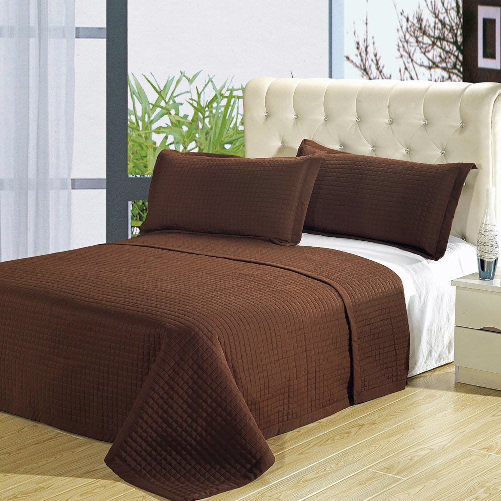 Luxury Chocolate Brown Checkered Quilted Bedspread Set - 3 Piece Microfiber Coverlet Full/Queen Size, Wrinkle Free & Soft - Perfect for Master Bedroom, Guest Room & Cozy Home Decor
