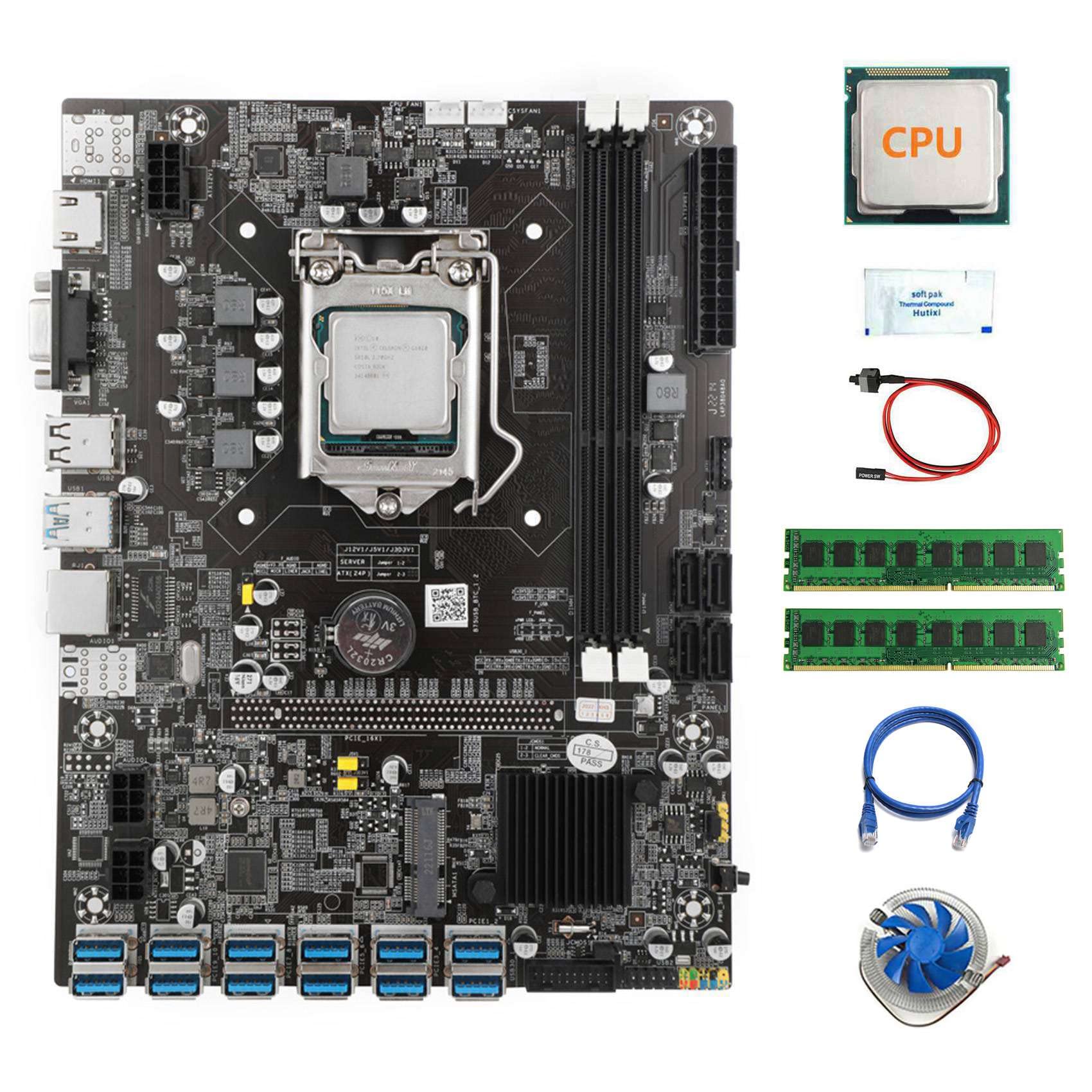Vklopdsh B75 12USB Bitcoin Mining Motherboard Kit - LGA1155 Socket with CPU, 2x4GB DDR3 RAM, Cooling Fan, Thermal Grease, Switch & RJ45 Cables - Perfect for Crypto Mining Rigs & Home Mining Setup