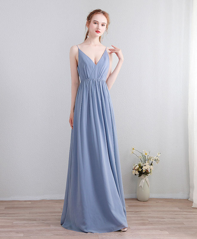 Elegant Blue V-Neck Chiffon Lace Long Prom Dress for Women - Formal Evening Gown for Homecoming, Wedding Guest & Special Occasions