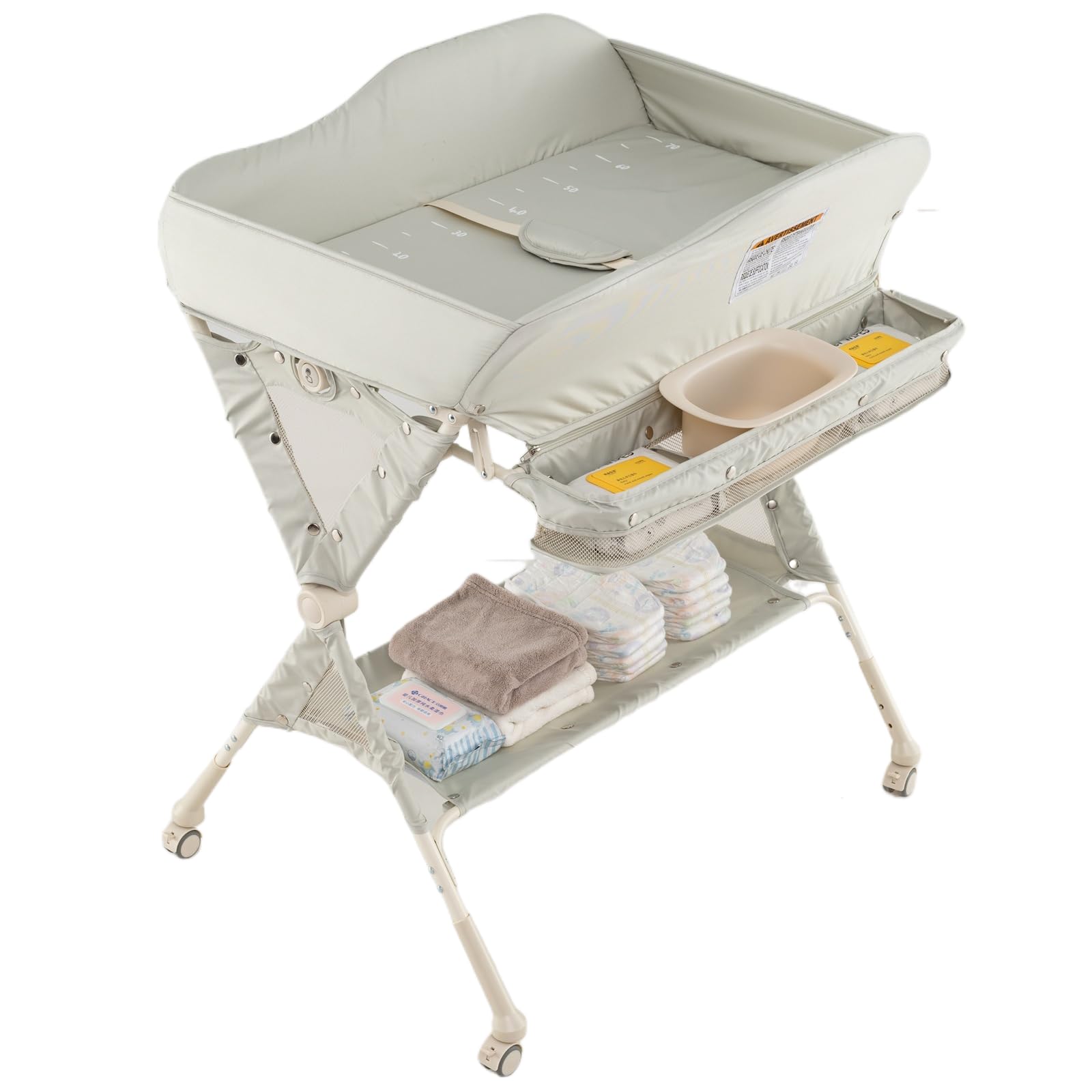 INFANS Portable Baby Changing Table with Wheels - Foldable Diaper Station with Storage Basket, Hanging Rack & Safety Belt - Adjustable Height Nursery Organizer for Newborns & Infants (Green) - Perfect for Home, Nursery & Travel Use