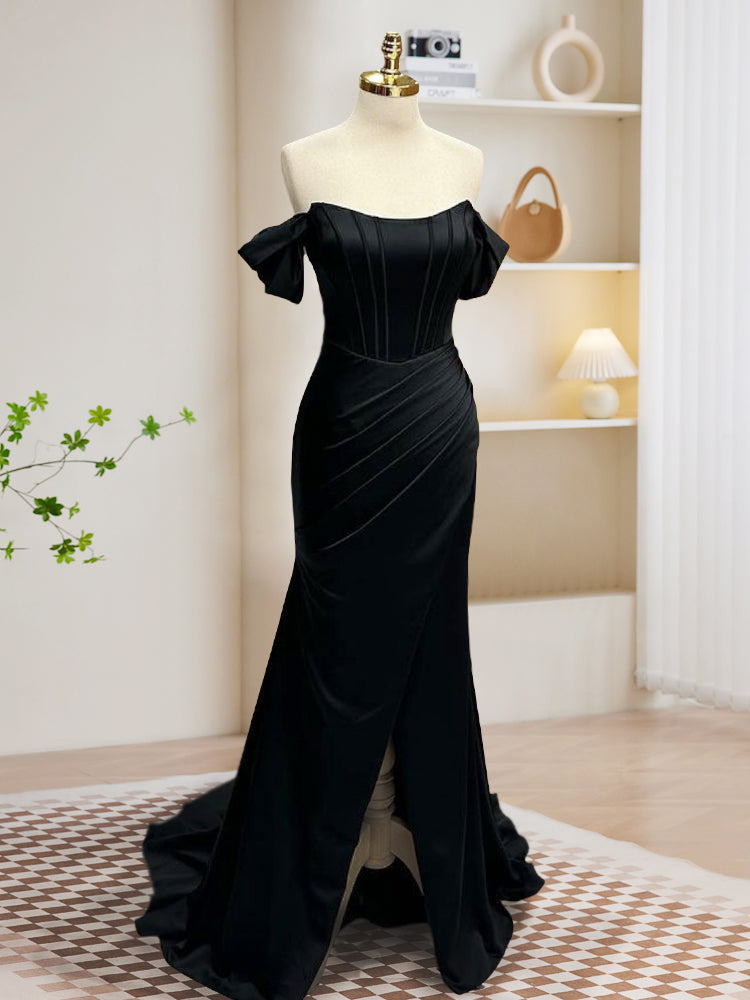 Elegant Black Off Shoulder Satin Mermaid Prom Dress - Long Evening Gown for Formal Events, Homecoming, and Special Occasions