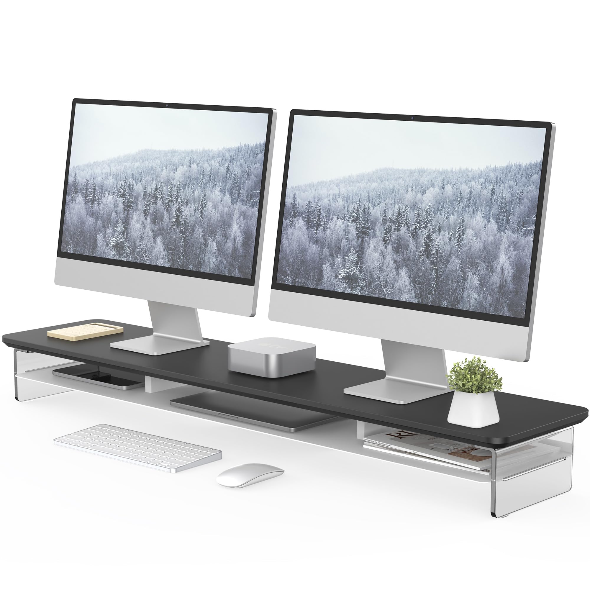 FENGE 42.5 Inch 2-Tier Acrylic Dual Monitor Stand Riser with Storage Organizer - Black | Space-Saving Desktop Organizer for Home Office, Gaming Setup & Business Workspace