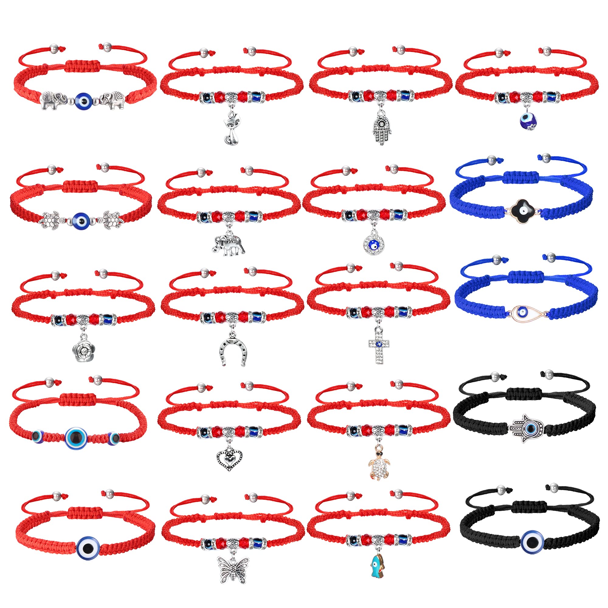 20Pcs Evil Eye Bracelets for Women - Handmade Adjustable Beaded Knot String Bracelets in Red, Black & Blue | Mexican Evil Eye Jewelry for Protection & Good Luck | Perfect for Gifts, Parties & Spiritual Protection
